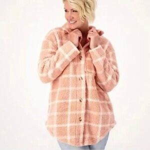 Koolaburra by UGG Brushed Back Sherpa Shacket peach/coral white plaid SZ M. G22